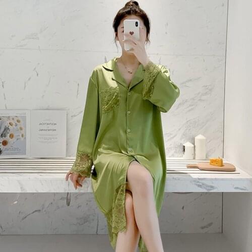 Pyjamas Femme 2021 Spring and Summer Womens Green Sexy Silk Nightdress for Homewear Thin One Size Night Dress Women Underwear
