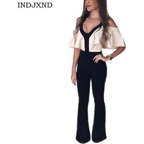 Women Hot Sell New Fashion Jumpsuits Casual V Neck Off Shoulder Short Sleeve Slim Fit Jumpsuits For Women Patchwork Jumpsuits