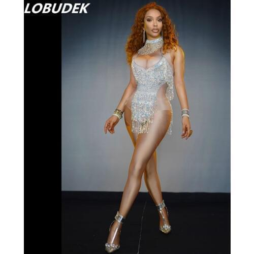 Sexy DJ Latin Pole Dancing Costume Silver Crystal Tassel Spandex Tights Bodysuit Bar Nightclub Women Singer Dancer Stage Wear