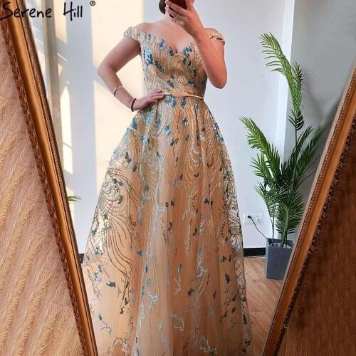 Gold Off Shoulder Sexy A-Line Evening Dresses Gowns For Woman Sparkle Formal Dress 2020 Serene Hill LA70336
