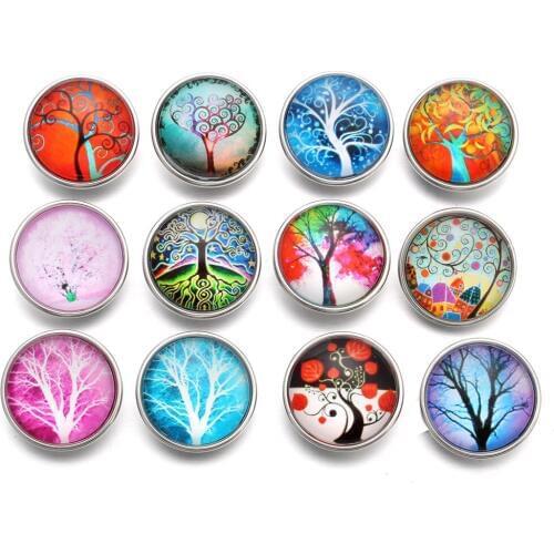 10pcs/lot Mixed Snap Button Jewelry Life Tree 18MM Glass Snap Fit Snap Buttons Bracelet Snap Jewelry