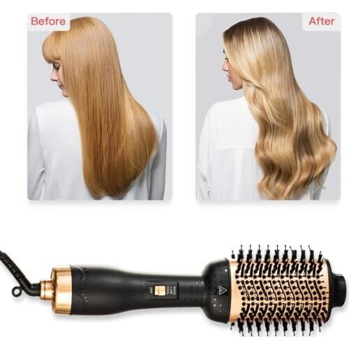 2 in 1 Gold One Step Hair Dryer Brush And Volumizer Anti-scald Hair Straightener&Curler Negative Ions For Wet Dry Hot Air Brush