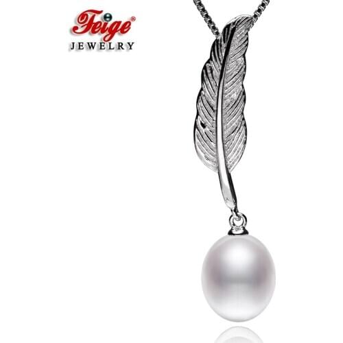 925 Sterling Silver Chain White Natural Ellipse Freshwater Pearl Feather Pendant Necklace for Women Fine Pearl Jewelry FEIGE