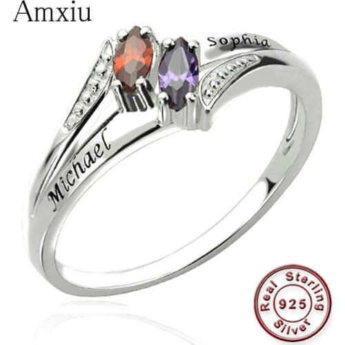 Amxiu Personalized Zircon Ring Custom Two names Rings 925 Sterling Silver Jewelry For Women Wedding Ring Accessories Hot Rings