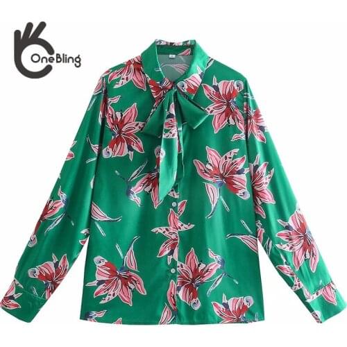 OneBling Za Woman 2021 Casual Traf Blouses Thin Summer Floral Print Bow Turn Down Collar Long Sleeve Satin Loose Shirt Tops