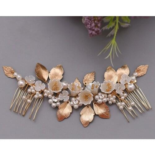 Boho Gold Leaf Bridal Comb Hair Crown Pearls Wedding Jewerly Accessories Handmade Floral Women Headpiece