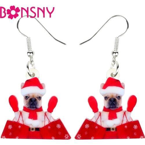 Bonsny Acrylic Christmas Shopping Bulldog Dog Earrings Drop Dangle Cute Animal Jewelry For Women Girls Pet Lovers Gift Wholesale