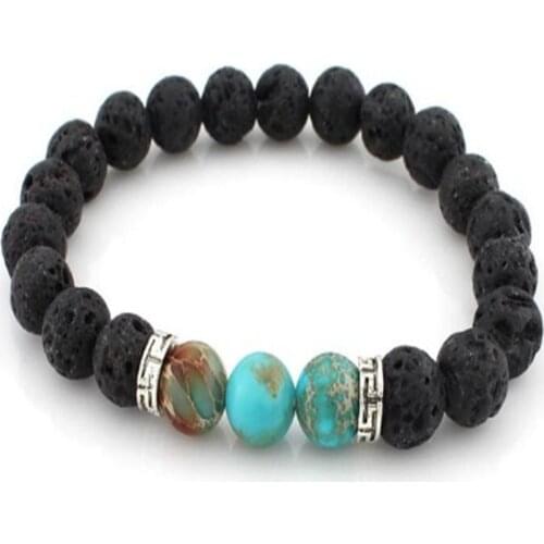 8mm Lava Imperial Jasper Gemstone Mala Bracelet 7.5 inches men Wrist Tibet silver yoga Stretchy Healing Reiki Bless Handmade