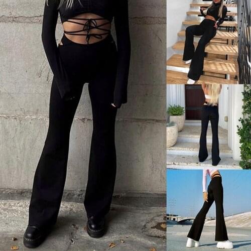 Hot kf-Women Flare Pants Slim High Waist Hip Hollow Out Folds Fashion Casual Flared Trousers Female Spring and Autumn