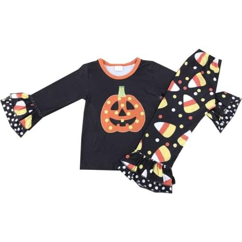 Long sleeve black smile pumpkin top with candy print pant girl halloween set