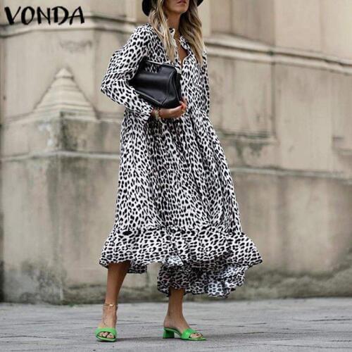Elegant Office Ladies Leopard Dress Women Vintage Long Sleeve Swing Party Long Dress VONDA 2021 Winter Vestido Plus Size Sundres
