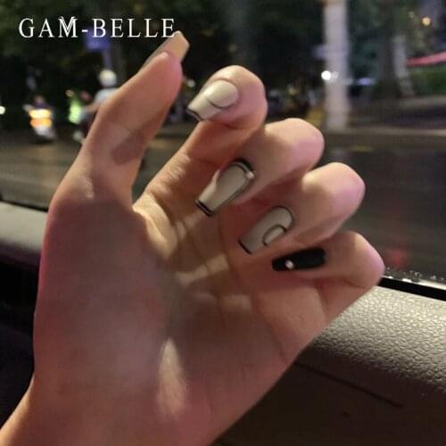 GAM-BELLE Beige Black Stripe Fake Nails With 3D Pearl French Long Ballerina Artificial False Nails Tips Full Manicure Tools