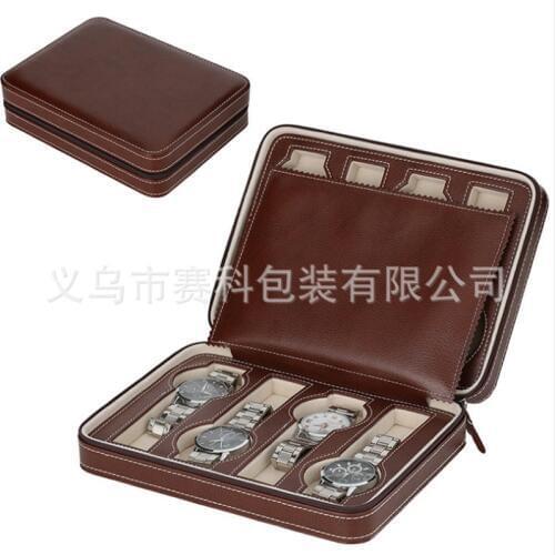 Brown Leather Zipper 8 Luxury Sports Watch Box Storage Portable Travel Alarm Clocks Storage Box Packing Box, plastic bag
