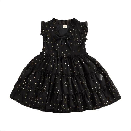 Sweet Kids Bronzing Princess Dress Stars Print Ruffle Bowknot Sleeveless Middle Length Elegant Peated Dresses 2-7Y 2021
