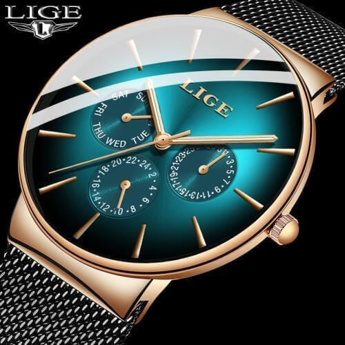 2020 Ultra-thin LIGE Green Mens Watches Top Brand Luxury Casual Mesh Belt Stainless Steel Quartz Watch For Men Sport Wristwatch
