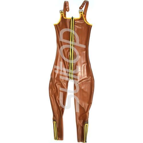 Men 's brwon latex catusit rubber bodysuits vest style in trasparent brwon (in high quanlity level)