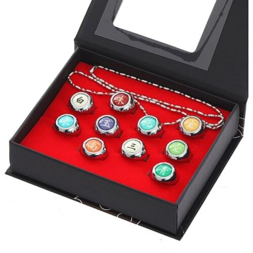 Original Naruto 10 Pcs Anime Cosplay Members Ring Set Alloy New In Box with Necklace Kids Gift