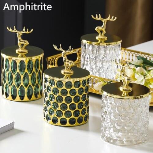 Plastic Transparent Crystal Glass Box Three Dimensional Golden Elk Cotton Swab Jar With Home Storage Box Lid Food Container