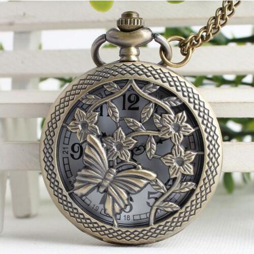 Retro classic Bronze antiques creative Hollow out butterfly and flowers woman jewelry necklace and fob chain pocket watcheses