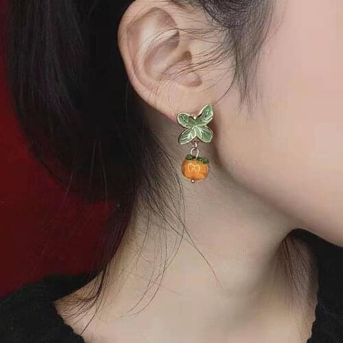 Sweet Persimmon Orange Color Pendant Flower Leaf Stud Earrings For Women Painting Oil Glazed Glass Earrings Jewelry Accessories