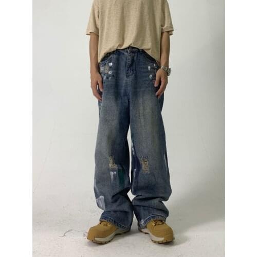 Chic Men Baggy Jeans Japanese Retro Casual Cross-pants for Men Women Hip Hop Oversized Straight Wide Leg Ripped Jeans Trousers