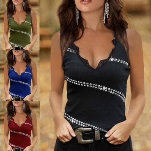 2021 Summer New Lace Rhinestone V-neck Printed Camisole T-shirt Plus Size Womens Casual Sleeveless Top Fashion Sexy Clothing