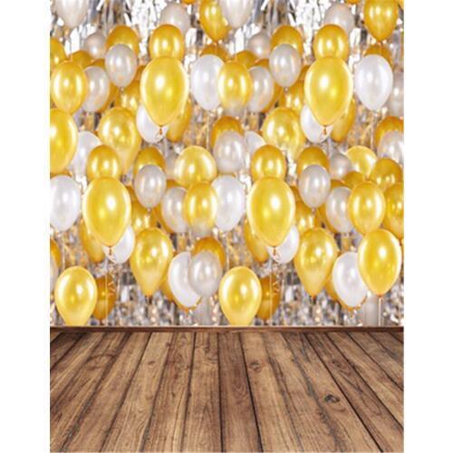 TR Wood Floor Vinyl Background for Photography Yellow and White Balloons Backdrop for Birthday Party Kids Photo Booth Props