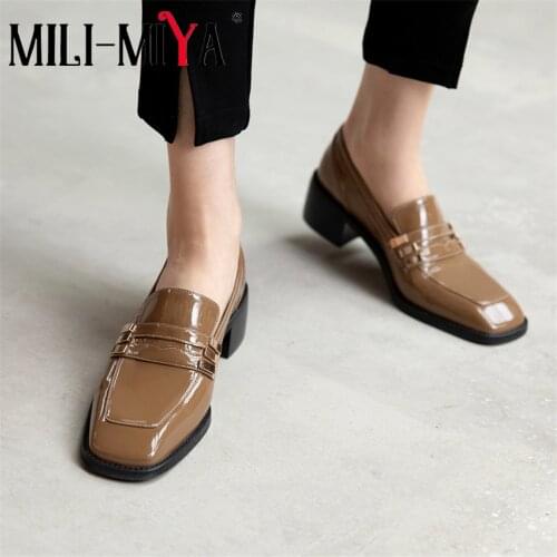 MILI-MIYA Fashion Women Cow Leather Pumps Solid Color Thick Heels Square Toe Slip On Casual Shoes For Ladies Size 34-40 Handmade