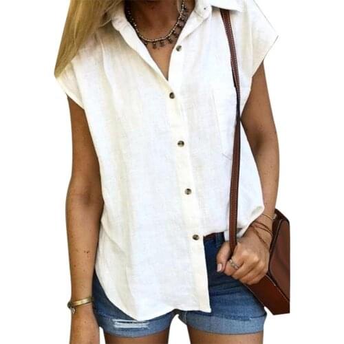 70% Hot Sell Women Casual Solid Color Turn Down Collar Short Sleeve Buttons Pocket Shirt Top