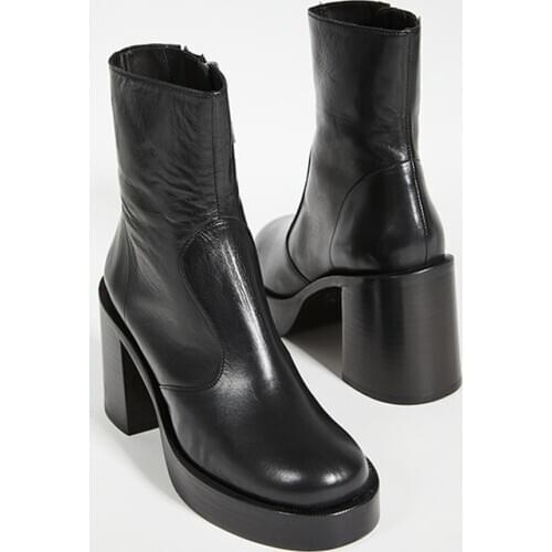 MUMANI Woman‘s Ankle Boots Black Leather Round Toe Zipper 9cm High Heels Platform Footwear Elegant Handmade Shoes