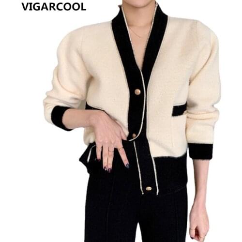 Korean version of retro V-neck hit color cardigan Sweater Women button decoration thick warm plush loose knit sweater Coat Women