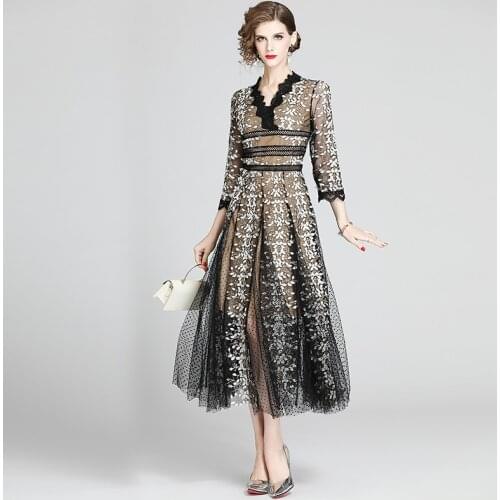 Embroidery Lace Mesh Woman Dress Mid-Calf Regular Summer Dropshipping Long Dresses for Women V-Neck Floral Long Dress 2021