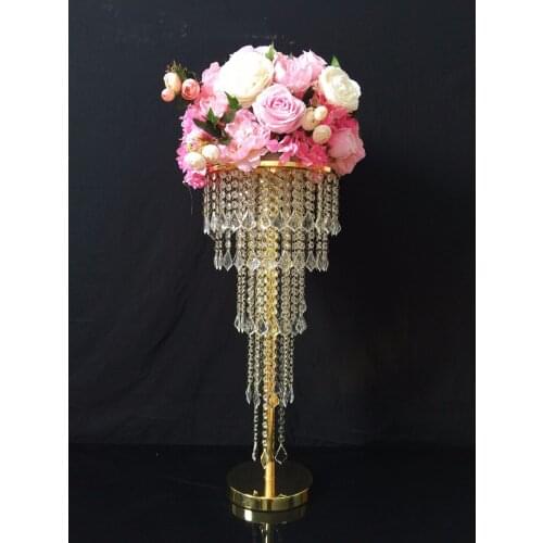 Gold Table Centerpiece Flower Stand 5 Tiers Crystal Chandelier with beads strands Wedding Props Table Decoration