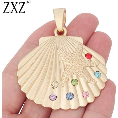 ZXZ 2pcs Matte Gold Large Scallop Shell With Starfish Rhinestone Charms Pendants For Necklace Jewelry Making Accessories