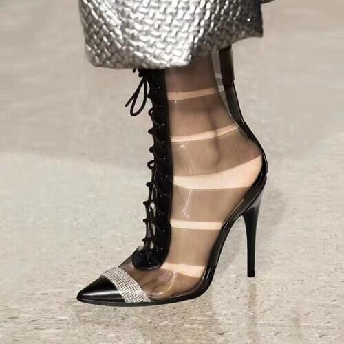 2020 New Glass Glue Hollow Rhinestone Pointed Sandal Boots Womens Shoes Autumn Boots Model Style