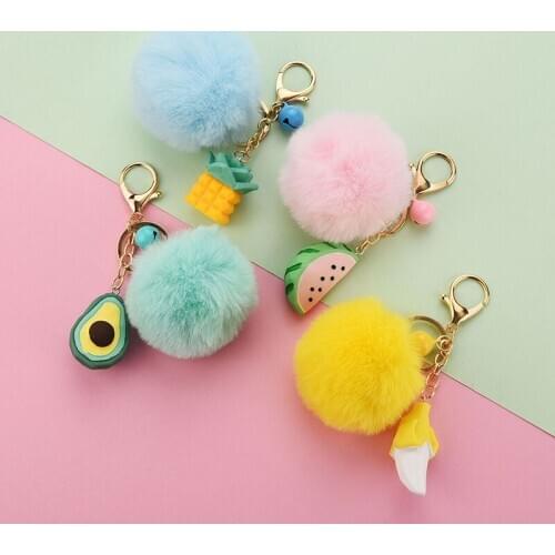 Fruit Pompom Keychain Fluffy Pompon Tassel Porte Cles Llavero Pants Keychan Anime Acrylic Keyrings for a Woman Breloczek