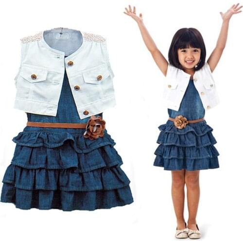 Toddler Kids Mini Dress Baby Girls Summer Ruffle Vest Jeans Dress + Jacket Outfits Set Flower Belt Princess Holiday Kids Dresses