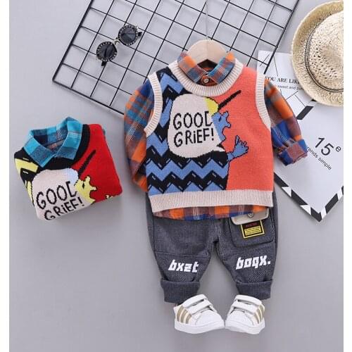 3pcs New Spring Autumn Toddler Boys Clothes Girls Baby Suit High Quality Cartoon Cotton Knitting Vest+shirt+Jeans Kids Clothing