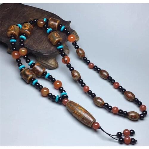 China Tibet Buddhism Three-eyed Nine-eyed Dzi Amulet Carved Agate Necklace Bracelet Handmade Collection Decoration Decoration