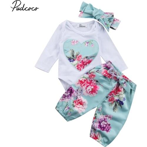 2020 Baby Spring Autumn Clothing 3pcs Newborn Kid Baby Girl Heart Floral Long Sleeve Jumpsuit Romper Bodysuit Pants Outfits