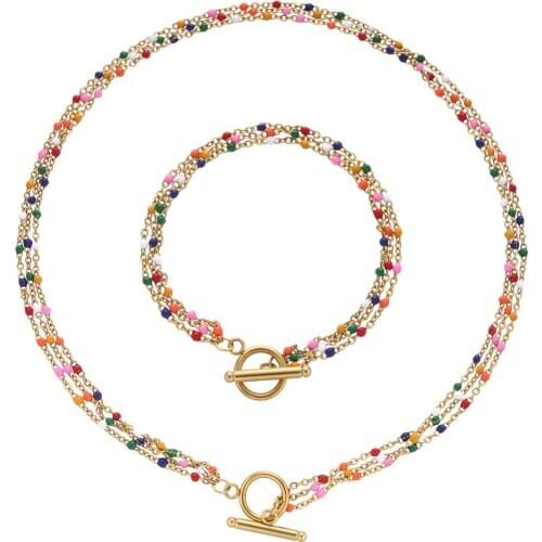 Multilayer Stainless Steel Candy Color Enamel Beads OT Buckle Choker Necklace Bracelets Sets For Woman Toggle Jewelry Sets