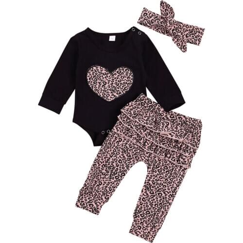 3Pcs Newborn Infant Girls Autumn Outfits Long Sleeve O Neck Heart Print Romper Leopard Ruffle Pants Bow Headband Baby Sets 0-18M