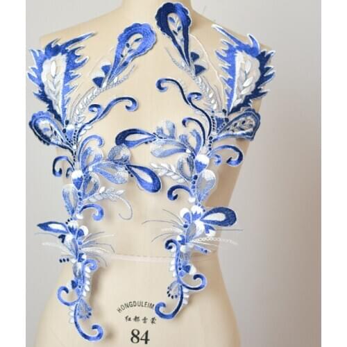 1Pc Blue Peacock Embroidered Lace Applique Sew Patches for Wedding Dress DIY Wedding Dress Headband Scrapbooking