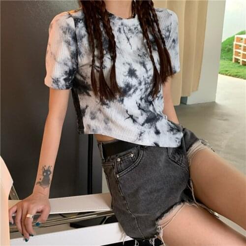 Summer T-shirt Slim retro simple tie-dye round neck short-sleeved asymmetric T-shirt