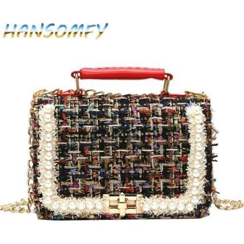 Fashion New Female Square Tote bag Quality Woolen Pearl Womens Designer Handbag Ladies Chain Shoulder Crossbody Bag X2-61