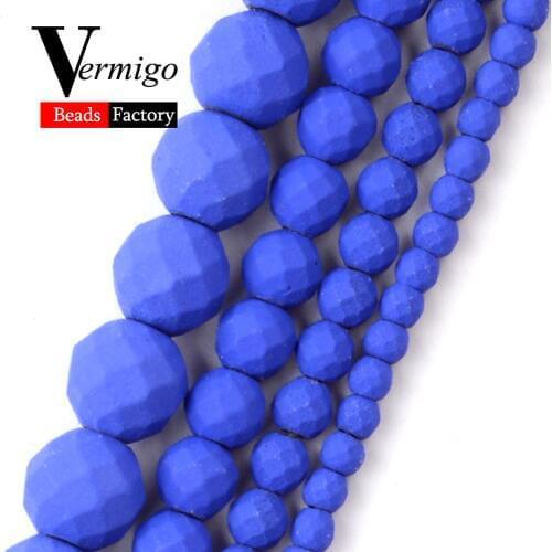 Natural Blue Nanotech Rubber Faceted Hematite Stone Beads For Jewelry Making Round Spacer Beads For Bracelet Necklace 2-10mm 15"