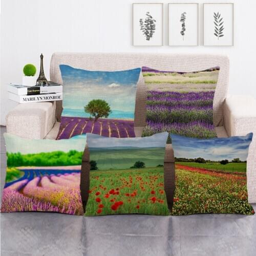 Sunflower Print Pillowcase Lavender Field Landscape Linen Cushion Cover Decorative Pillows For Living Room Car Decoration