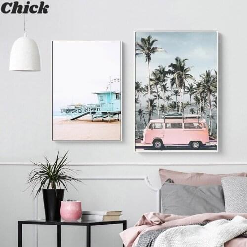 Ocean Landscape Scandinavian Poster Pink Bus Beach Nordic Style Canvas Wall Art Print Painting Decorative Pictures Home Decor