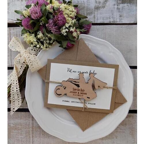 Personalized Motorcycle rustic Wedding invitation cards with wood Save the Date Magnets bridal shower party favors gifts