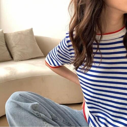 Striped Knitted T-shirt Female 2021 Spring Summer Short Sleeve Ice Silk Contrast Thin Pullove